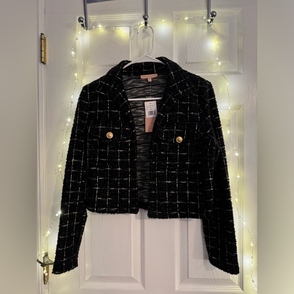 Evolutionary Black Tweed Jacket with Gold Buttons